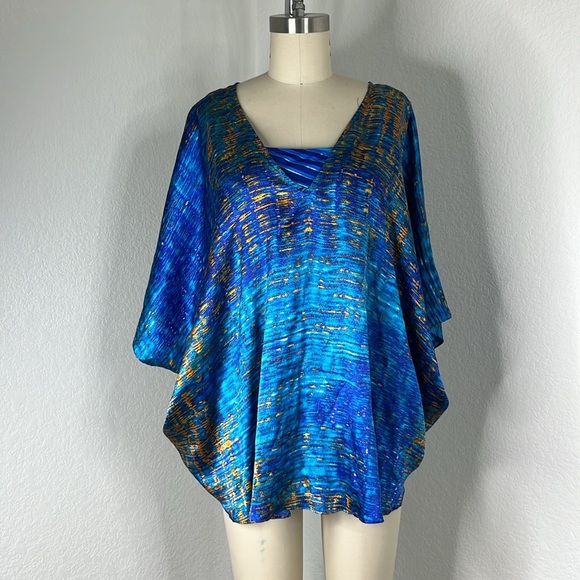 Josie Natori Yari Silk Patterned V Neck Butterfly Sleeve Top Blouse Caftan - Picture 2 of 8